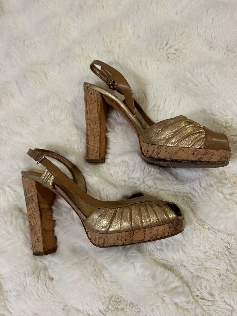 Vintage Prada Y2K Gold Cork Platform Heels Size 40